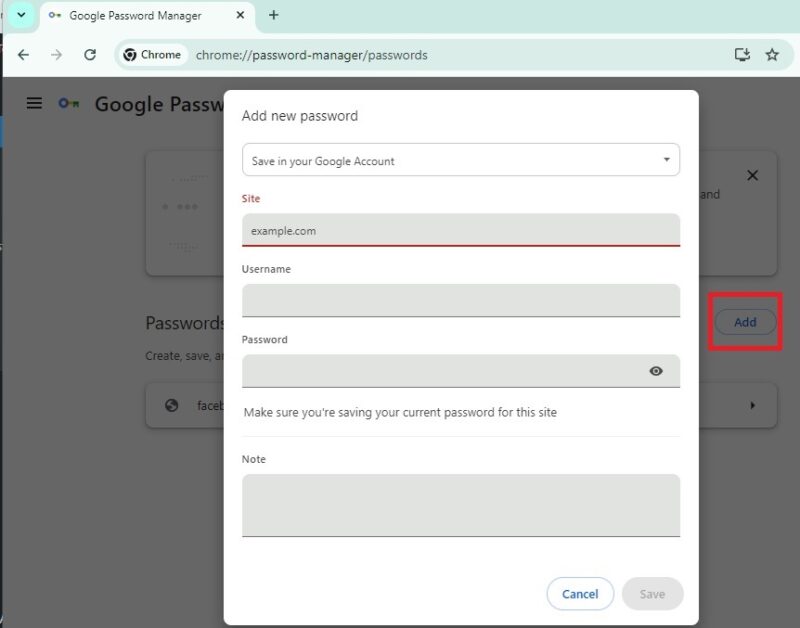 Ручной ввод данных в Google Password Manager.