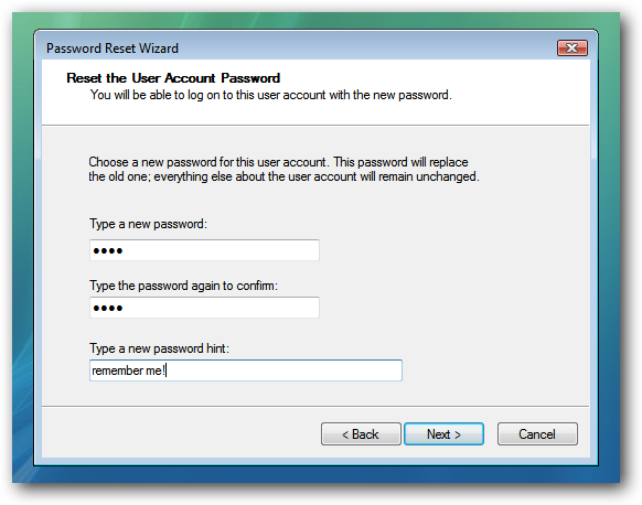 Ввод нового пароля и подсказки при сбросе