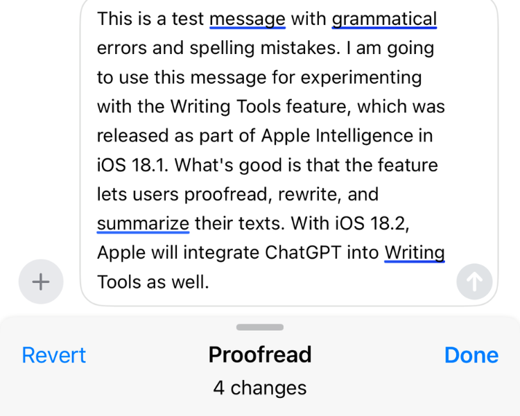 Скриншот работы Proofread на iOS 18.1: выделенный текст с подсветкой исправлений.