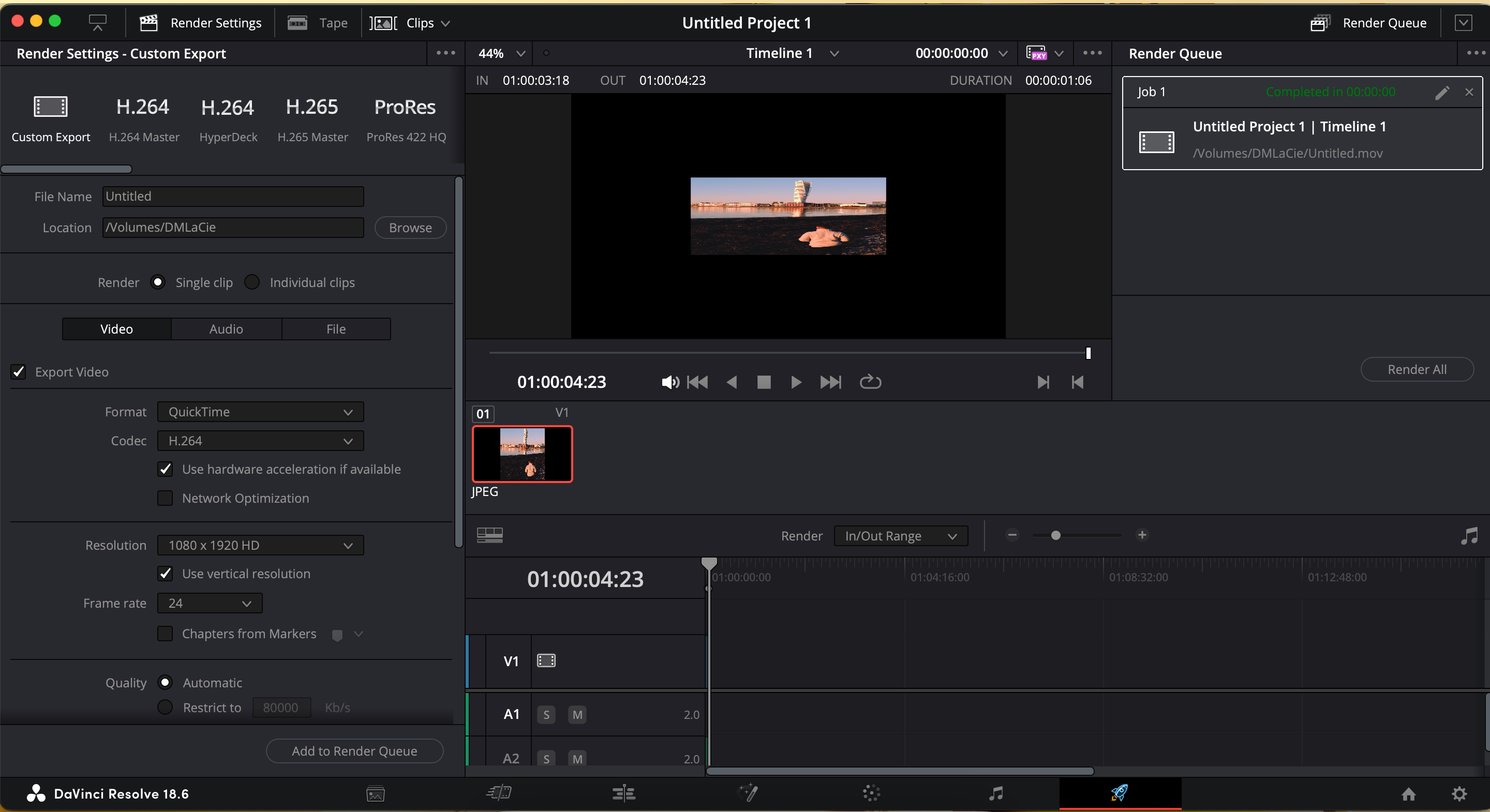 Рендер проекта в DaVinci Resolve после добавления музыки к изображению