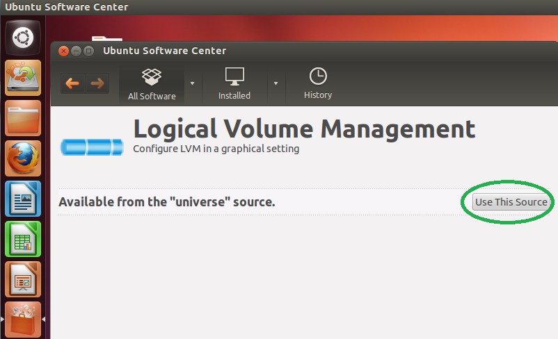 Скриншот: включение источника Universe и установка system-config-lvm