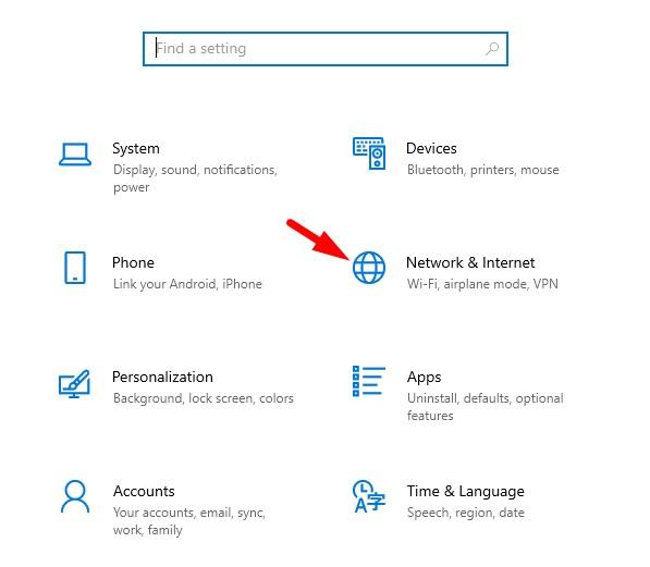 Пункт меню «Сеть и Интернет» в настройках Windows