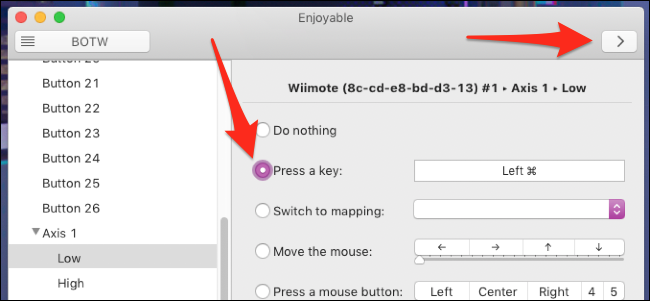 Окно Enjoyable с настройками кнопок контроллера