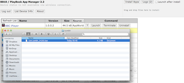 Процесс копирования файла .bar в Playbook App Manager