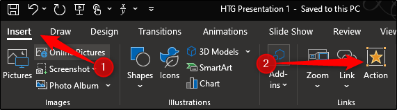 Action option in Links group of Insert tab