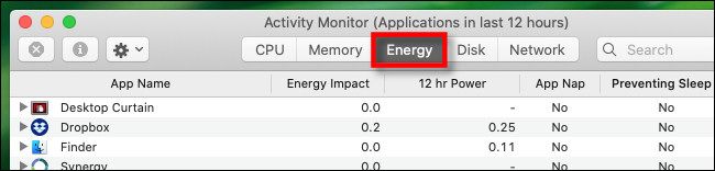 Во вкладке Energy Монитора активности отображаются процессы и их энергопотребление
