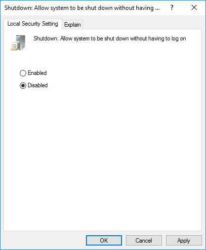 Отключение возможности выключения без входа в систему