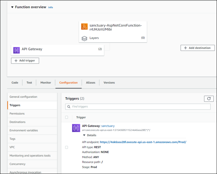 Консоль Lambda: триггеры API Gateway и тестирование эндпоинта