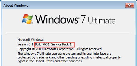 Boîte de dialogue « À propos de Windows » indiquant SP1
