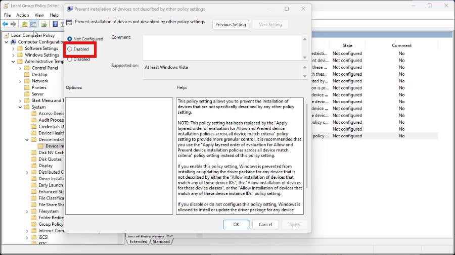 Включение политики запрета установки устройств