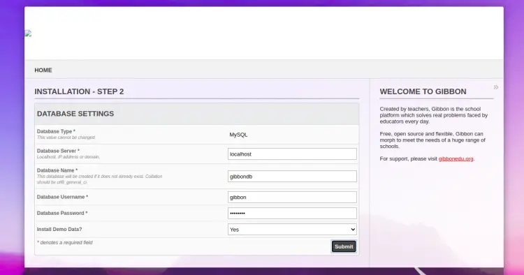 Параметры базы данных Gibbon