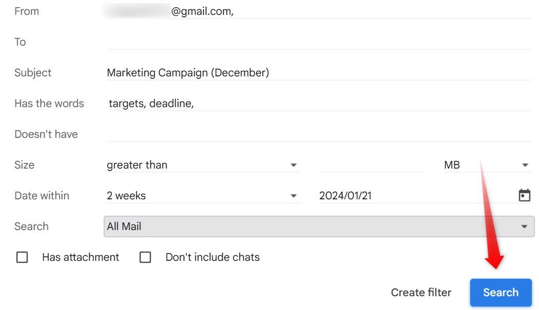 Поиск письма с помощью расширенного поиска Gmail.