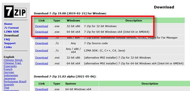 Выберите недавний релиз на странице загрузки 7-Zip
