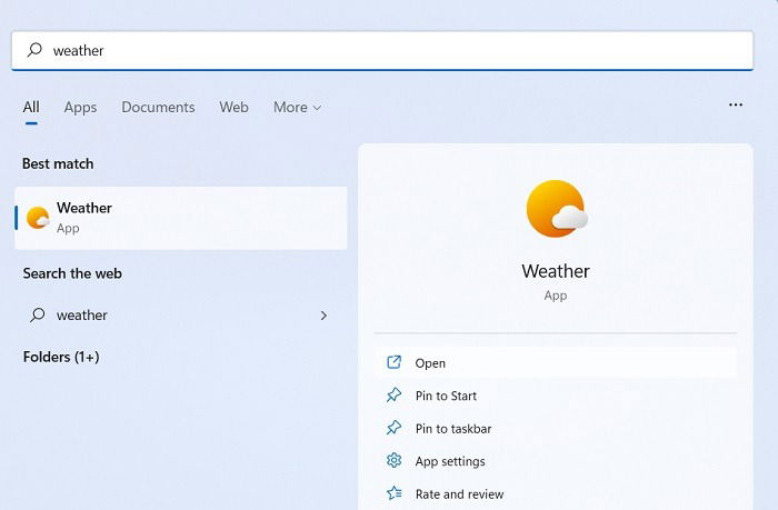 Интерфейс приложения MSN Weather в меню «Пуск»