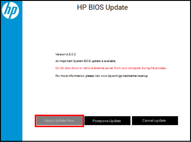Экран HP с кнопкой Apply Update Now для запуска обновления