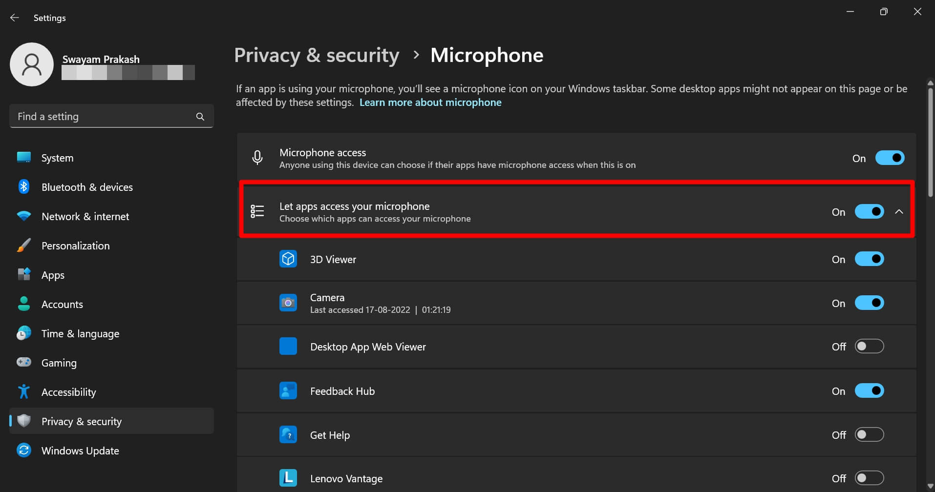 Разрешения приложений на доступ к микрофону в Windows 11