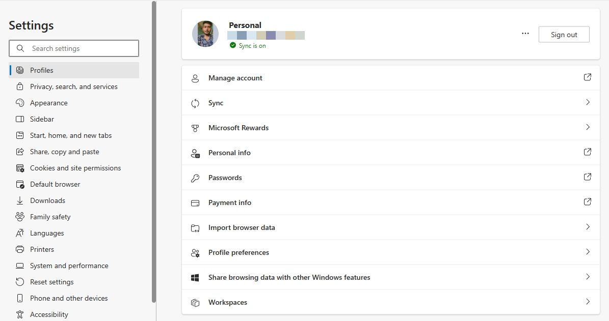 Вкладка Профиль в Microsoft Edge