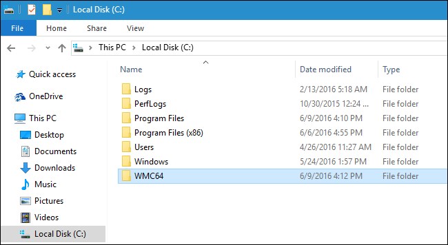 Папка WMC, перенесённая в корень диска C