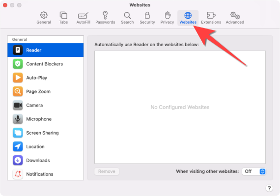 Вкладка Веб‑сайты в настройках Safari