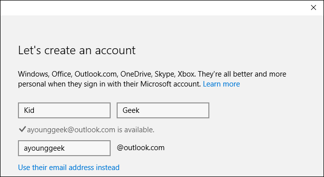 Форма создания учётной записи ребёнка
