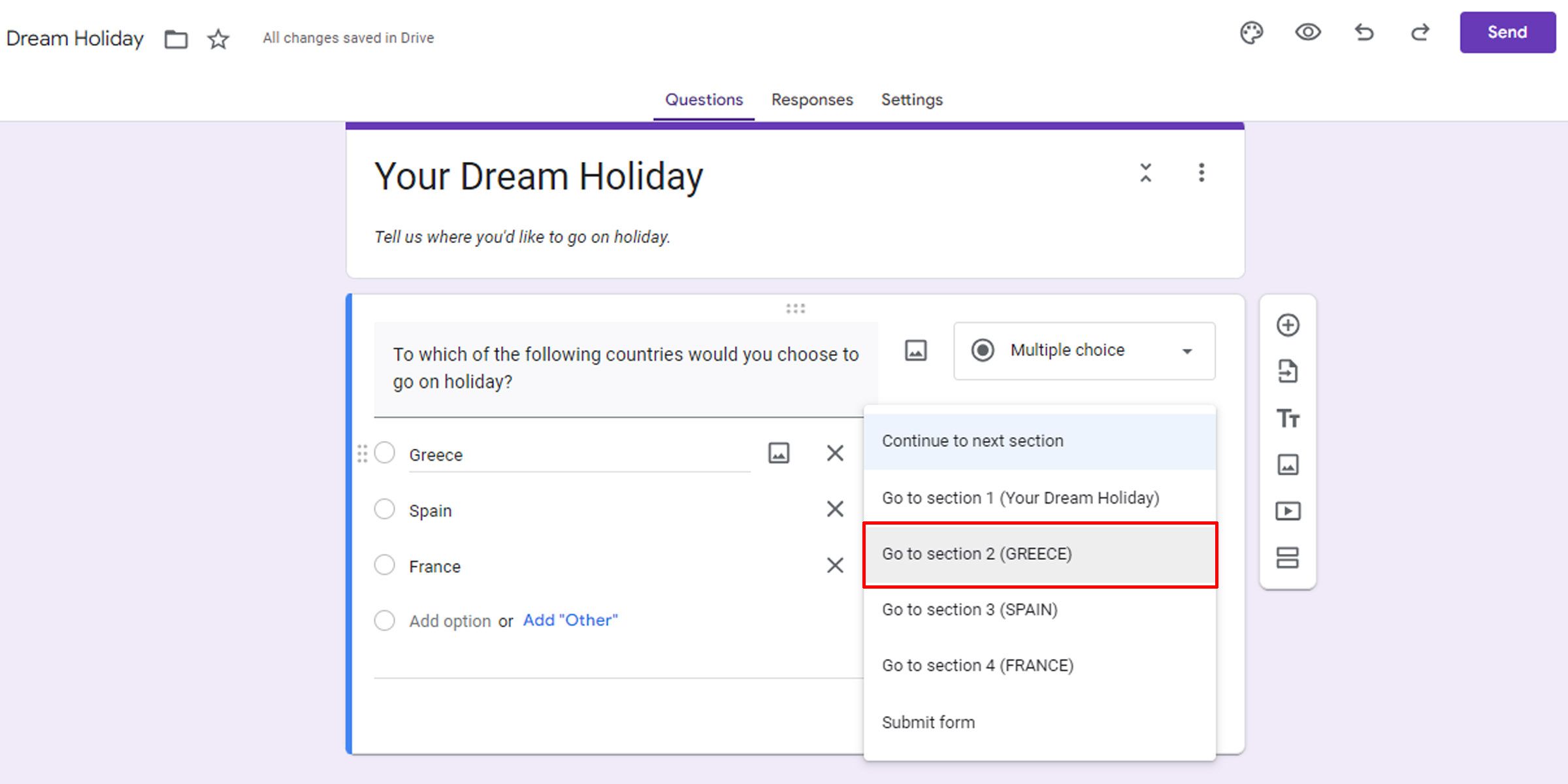 Выбор целевой секции для каждого варианта ответа