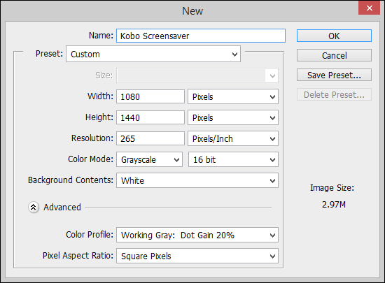 Настройки документа для создания заставки
