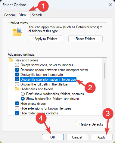 Опция отображения размера в подсказках папок
