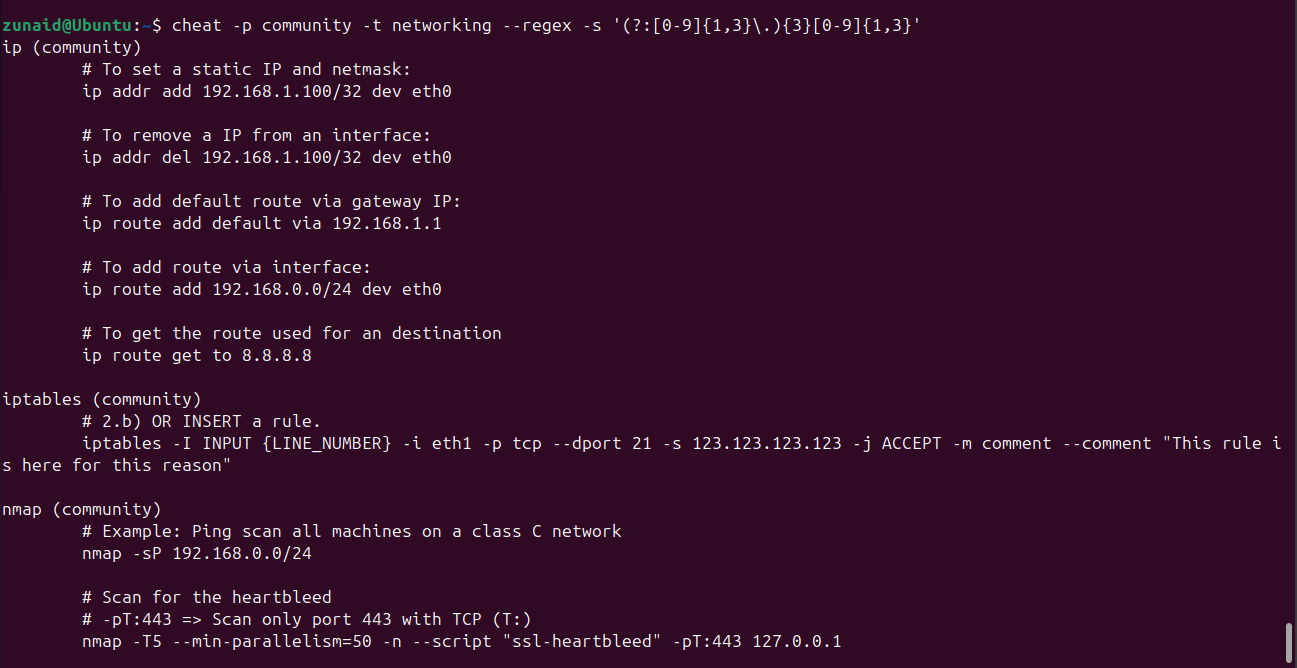 Combining multiple flags in the cheat command to list targeted cheatsheets.