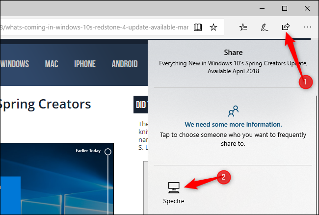 Кнопка Share в Microsoft Edge для передачи ссылки