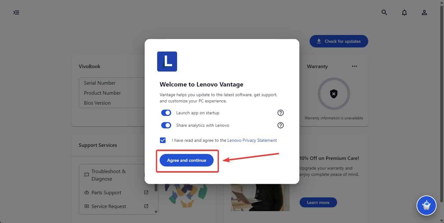 Экран с условиями и соглашением в Lenovo Vantage