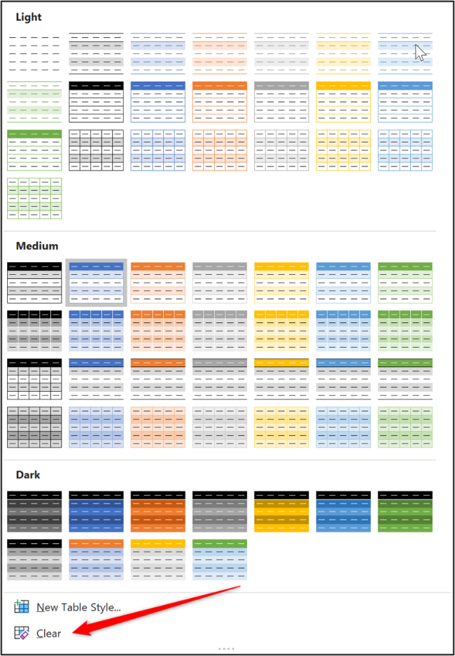 Очистка стиля таблицы