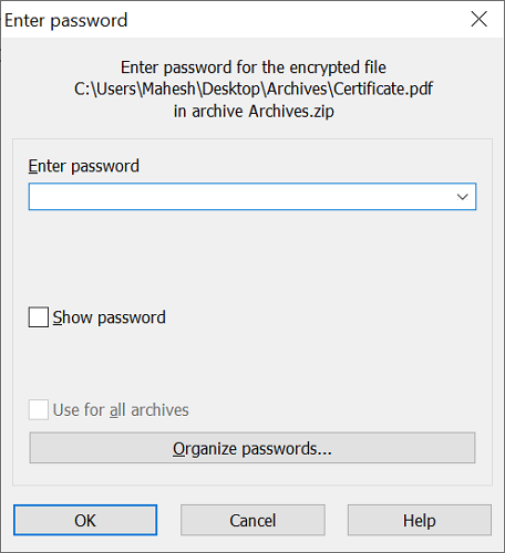Окно запроса пароля при извлечении ZIP в WinRAR.