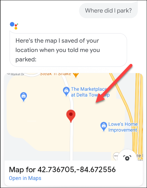 Иллюстрация: Google Assistant показывает местоположение парковки на iPhone