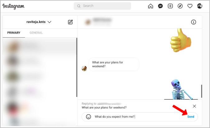 Champ de saisie sur la version web avec message lié prêt à l'envoi
