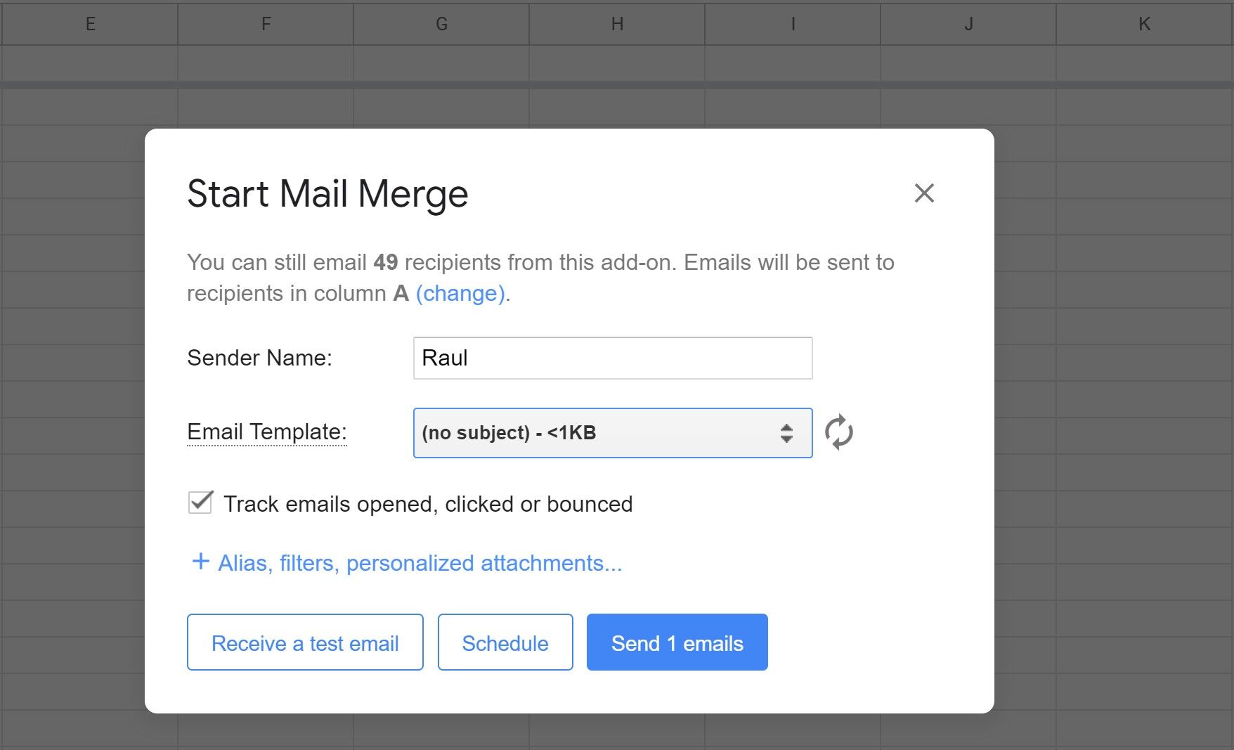 Параметры запуска YAMM в Google Sheets