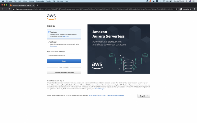 Страница входа AWS