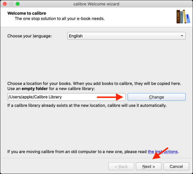 Изменить папку библиотеки Calibre и нажать Далее