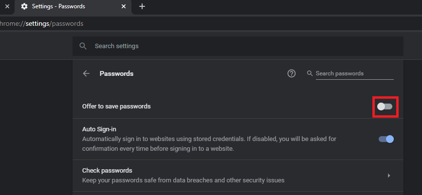 Отключение сохранения паролей в настройках аккаунта