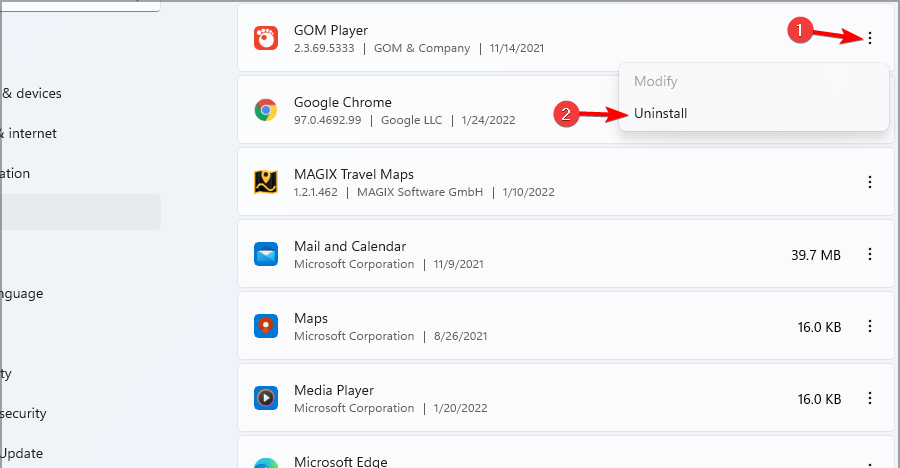Кнопка Удалить в списке установленных приложений Windows