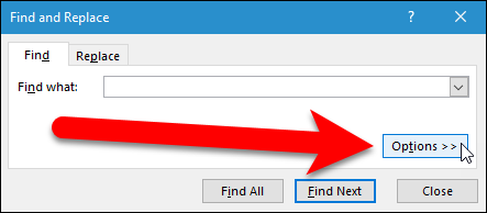 Нажмите «Параметры» в диалоге Найти и заменить