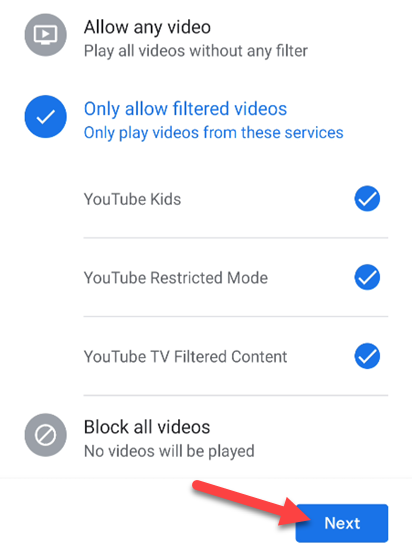 Экран настроек фильтрации видео с опциями разрешить или блокировать