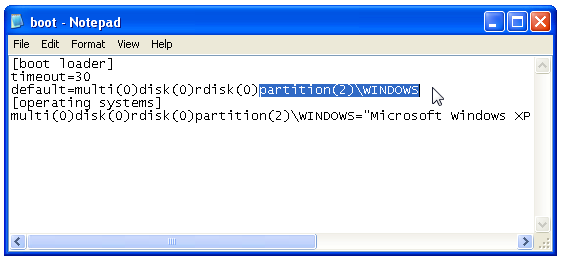 Изменение параметра default в boot.ini, чтобы указать правильный раздел