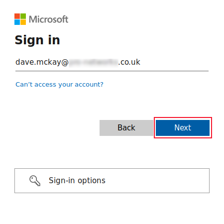 Entering the OneDrive account name in the sign in screen