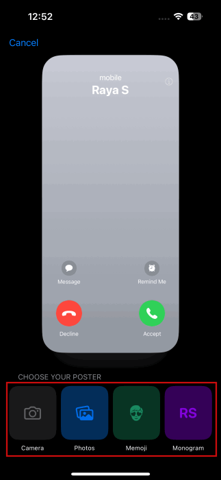 Выбор типа постера: камера, галерея, Memoji, монограмма