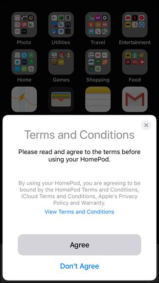 Кнопка «Согласиться» при настройке HomePod