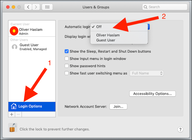 Параметры входа: выберите Автоматический вход и укажите аккаунт