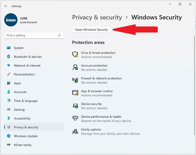 Finestra principale di Windows Security