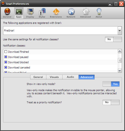 Окно настроек Snarl