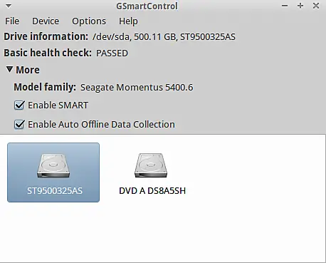 GSmartControl 메인 창의 디스크 목록 예시