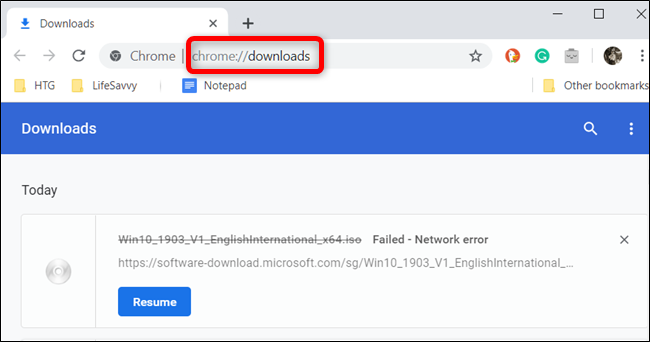 Поле Omnibox с введённым chrome://downloads